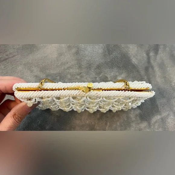 Vintage women’s clutch cream color beads  with pastel colors sequins gold strap - Picture 3 of 8
